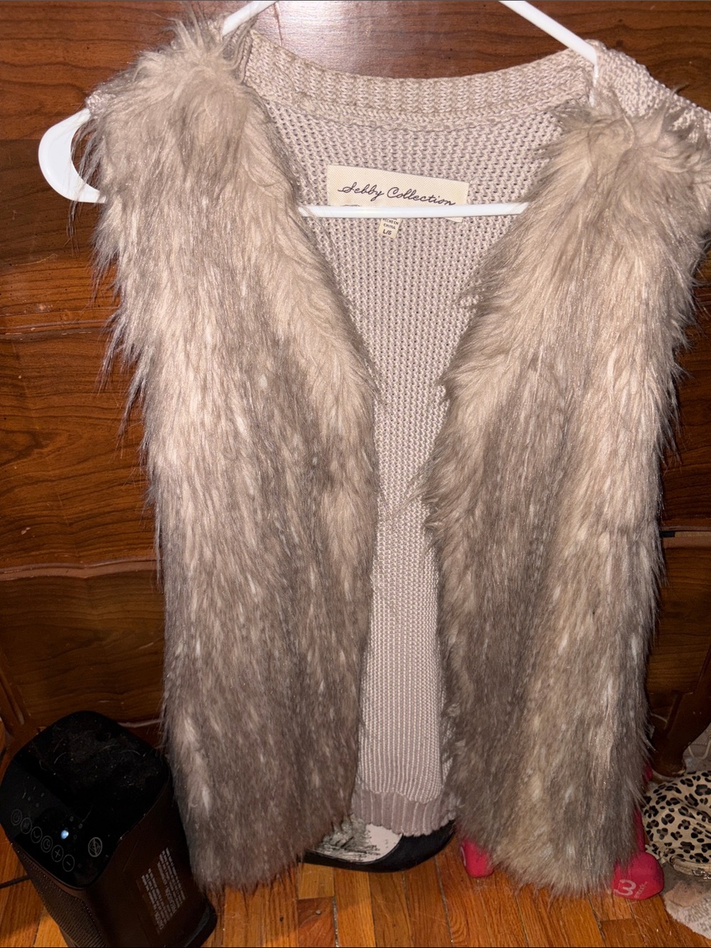 Sebby Collection Taupe Faux Fur Vest with Knit Back